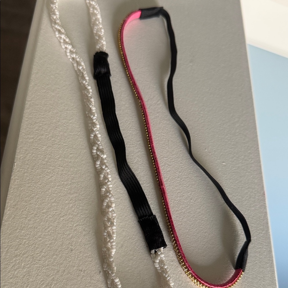 Beaded White & Pink Elastic Headband Set